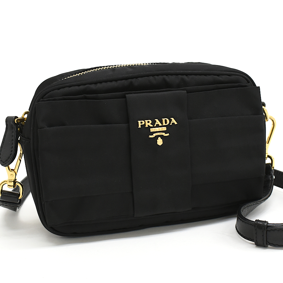 新品同様 プラダ クロスボディ ショルダーバッグ ポーチ ポコノ リボン ナイロン レザー ブラック ゴールド金具 PRADA