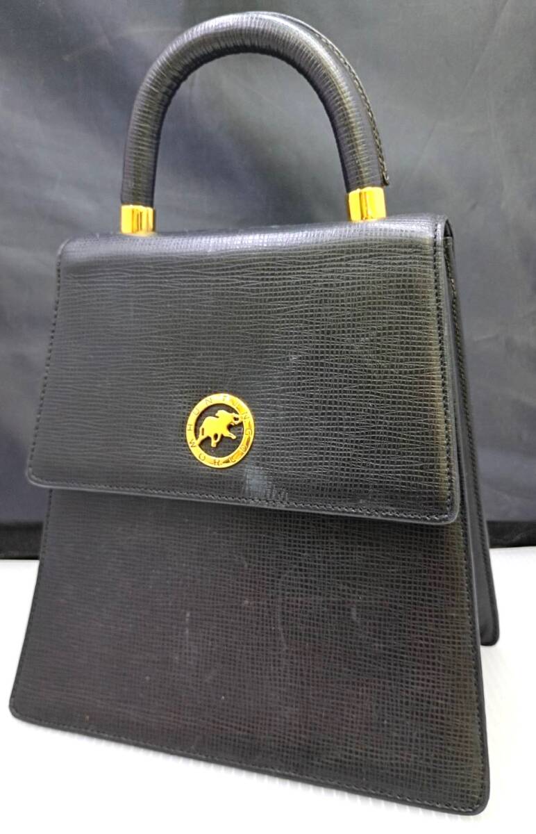 HUNTING WORLD ■ハンティング ワールド ビンテージ トップハンドル バッグ フォーマル レザー ゴールド金具 ブラック■中古品