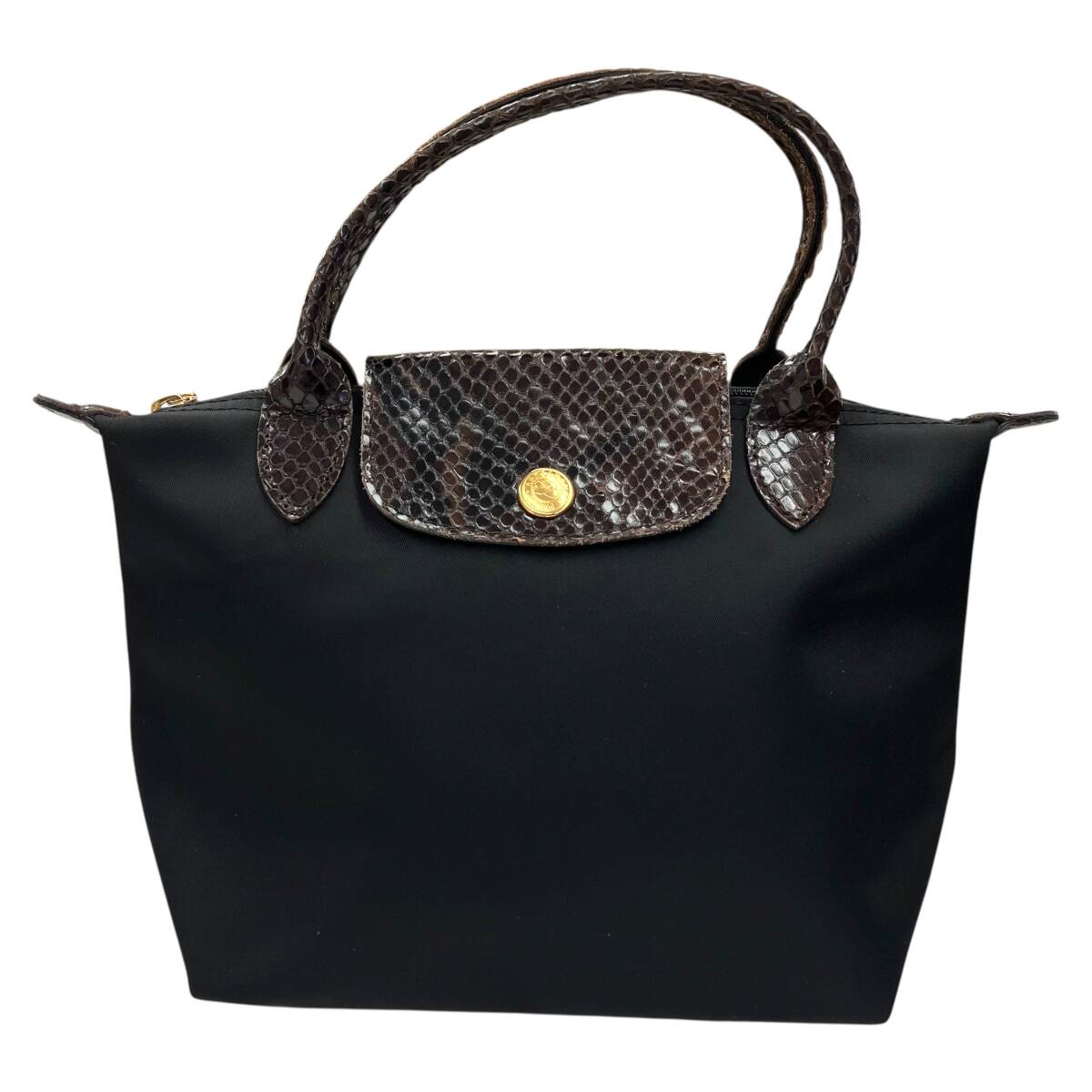 LONGCHAMP ロンシャン ナイロン ハンドバッグ ブラック ブラウン スネークスキン レディース