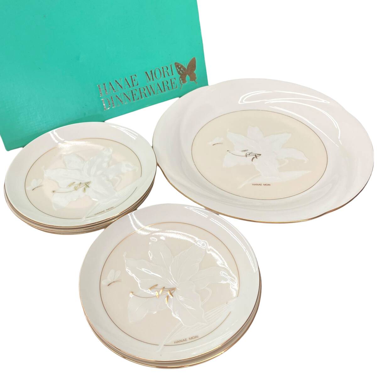 HANAE MORI ハナエ・モリ DINNERWARE ６点セット ユリ 蝶 小皿 大皿 金彩