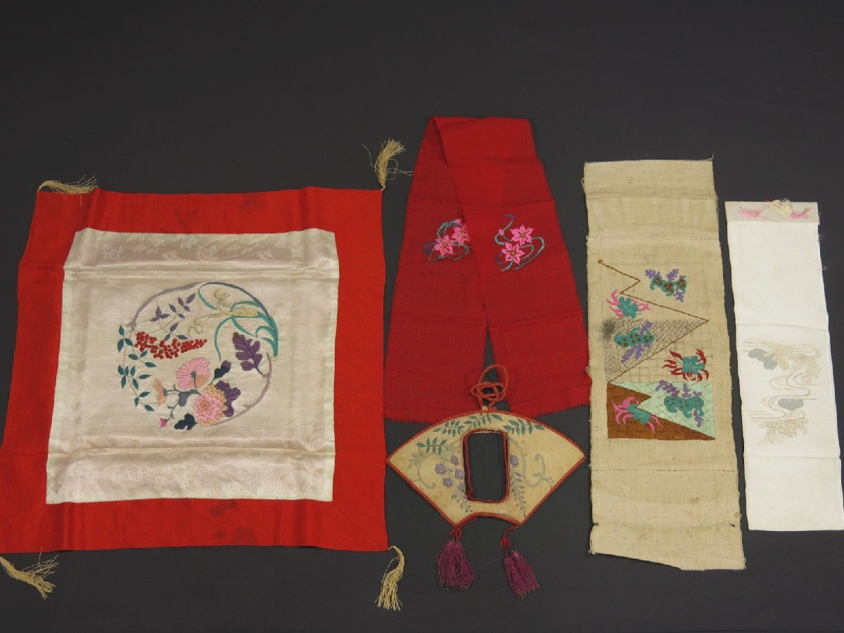 古美術 古刺繍 日本手刺繍 古布 色々まとめて 総刺繍 古裂 花 花丸 藤 浮世絵 木版画 正絹 時代物 アンティーク 骨董品 752