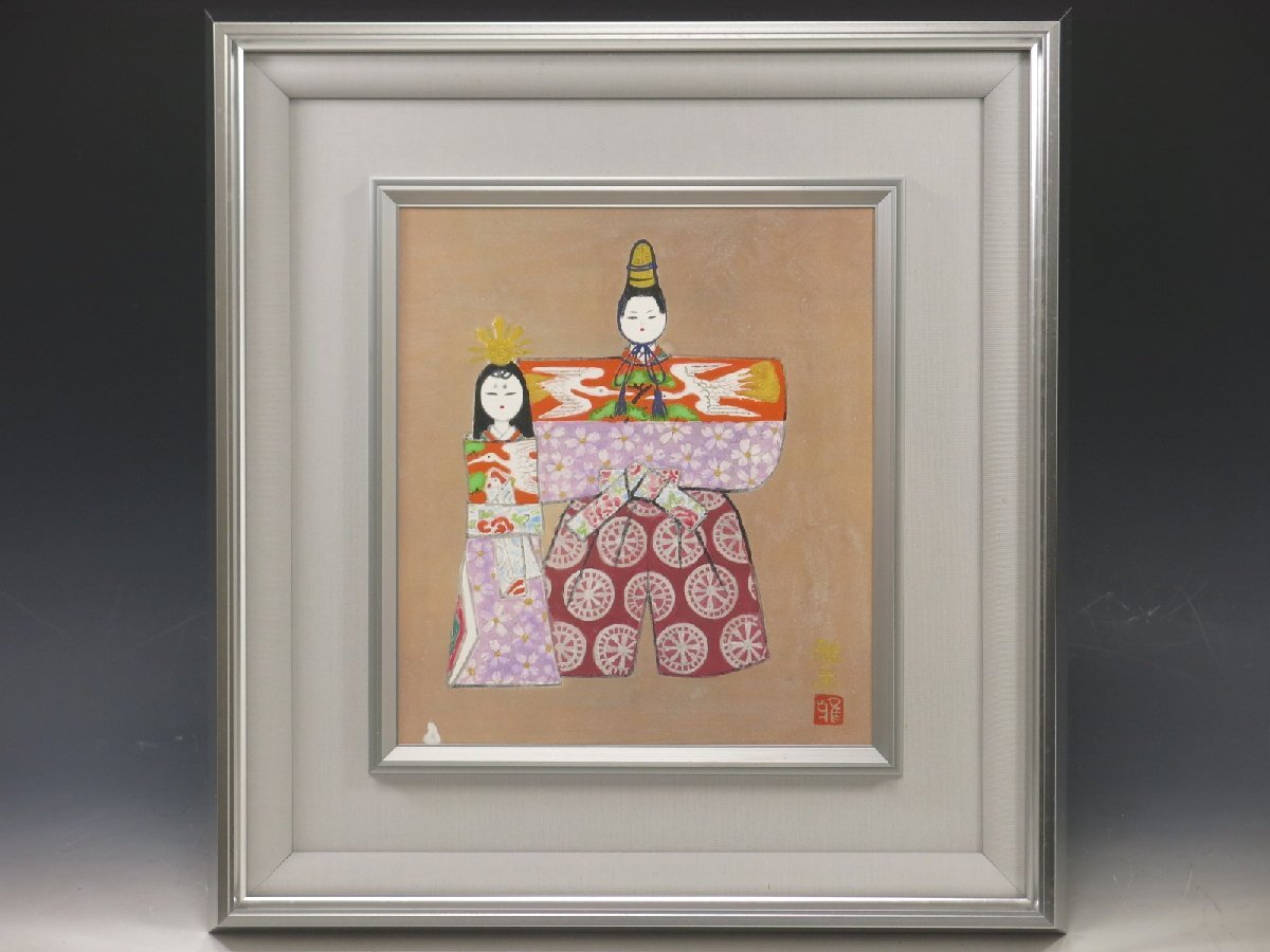 真作保証 小谷津雅美 肉筆 日本画 「立雛」 紙本 色紙 栞 共タトウ 額装 絵画 院展同人 師安田靫彦 781