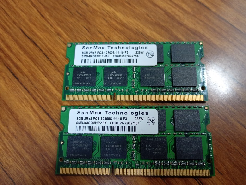 【1.5v】 合計16GB（8GB×2枚) PC3-12800S SanMax ←純粋1.5v確率高そう