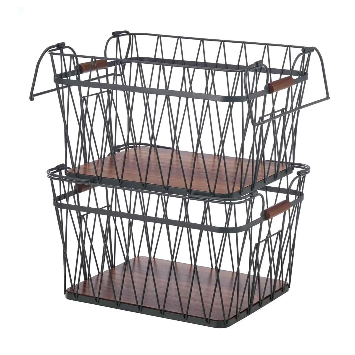 【送料無料】ワイヤーバスケット2個セット　スチール製/重ねられる/スタッキング/大きめ キッチンワゴン 収納ラックマルチワゴンバスケット