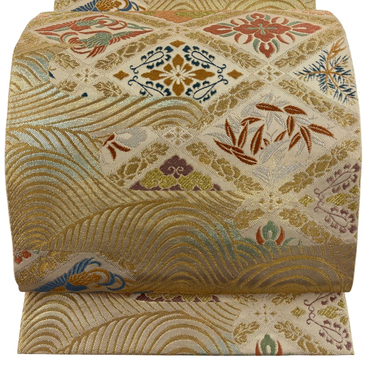 【美品】 袋帯 名品 川島織物 落款 花菱 向かい鳥 金糸 箔 金色 六通 正絹 【中古】