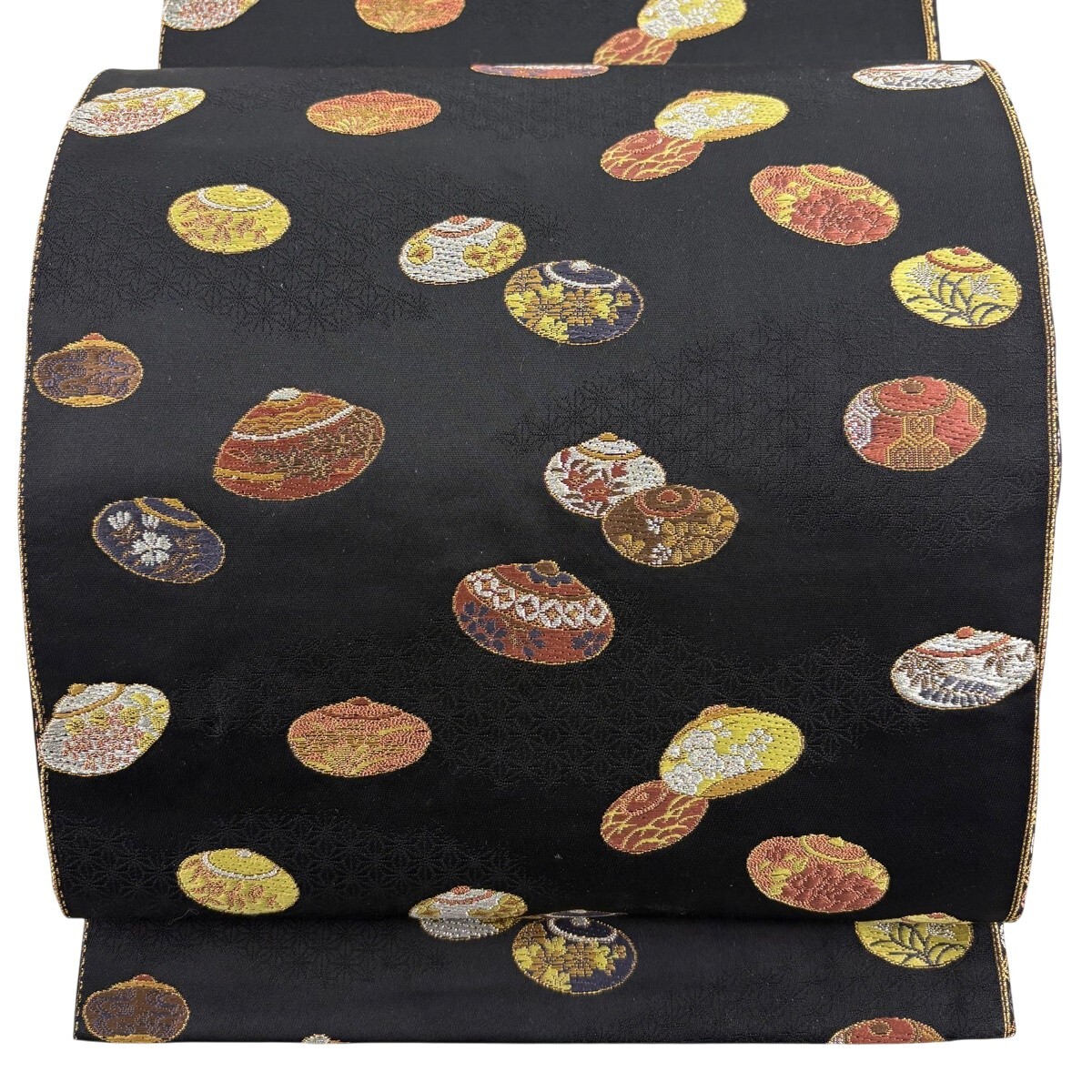 【美品】 袋帯 秀品 貝合わせ 器 金銀糸 刺繍 黒 六通 正絹 【中古】