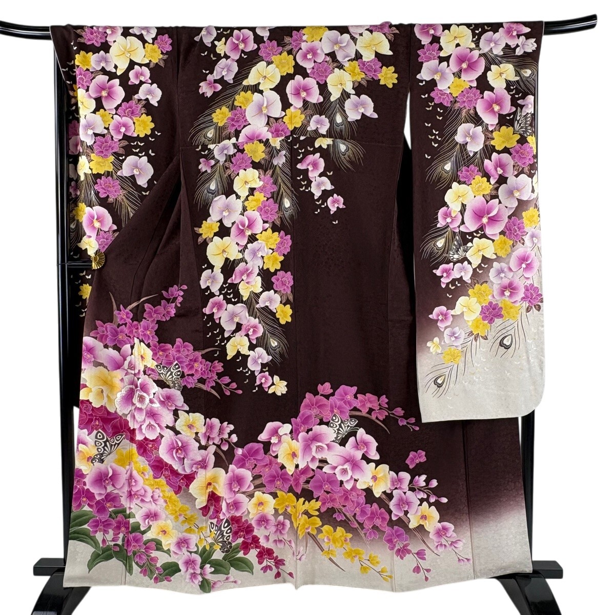 【美品】 振袖 身丈161.5cm 裄丈69cm L 袷 胡蝶蘭 蝶 箔 金彩 茶紫 正絹 名品 【中古】
