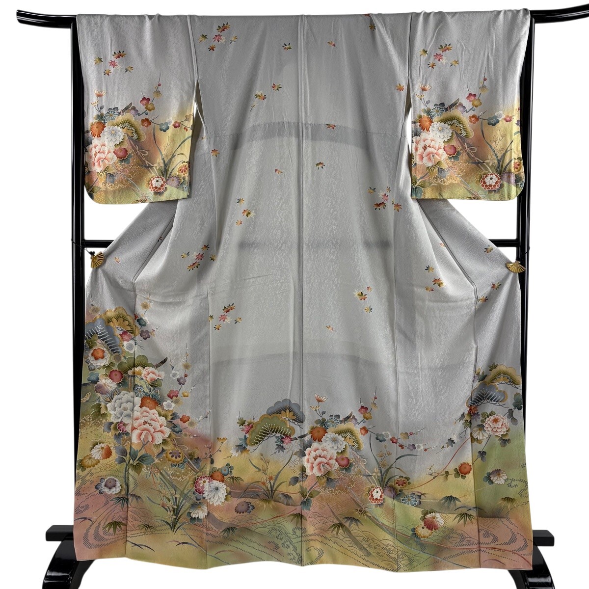訪問着 身丈167.5cm 裄丈67cm M 袷 松竹梅 牡丹 金彩 染め分け 灰色 正絹 秀品 【中古】