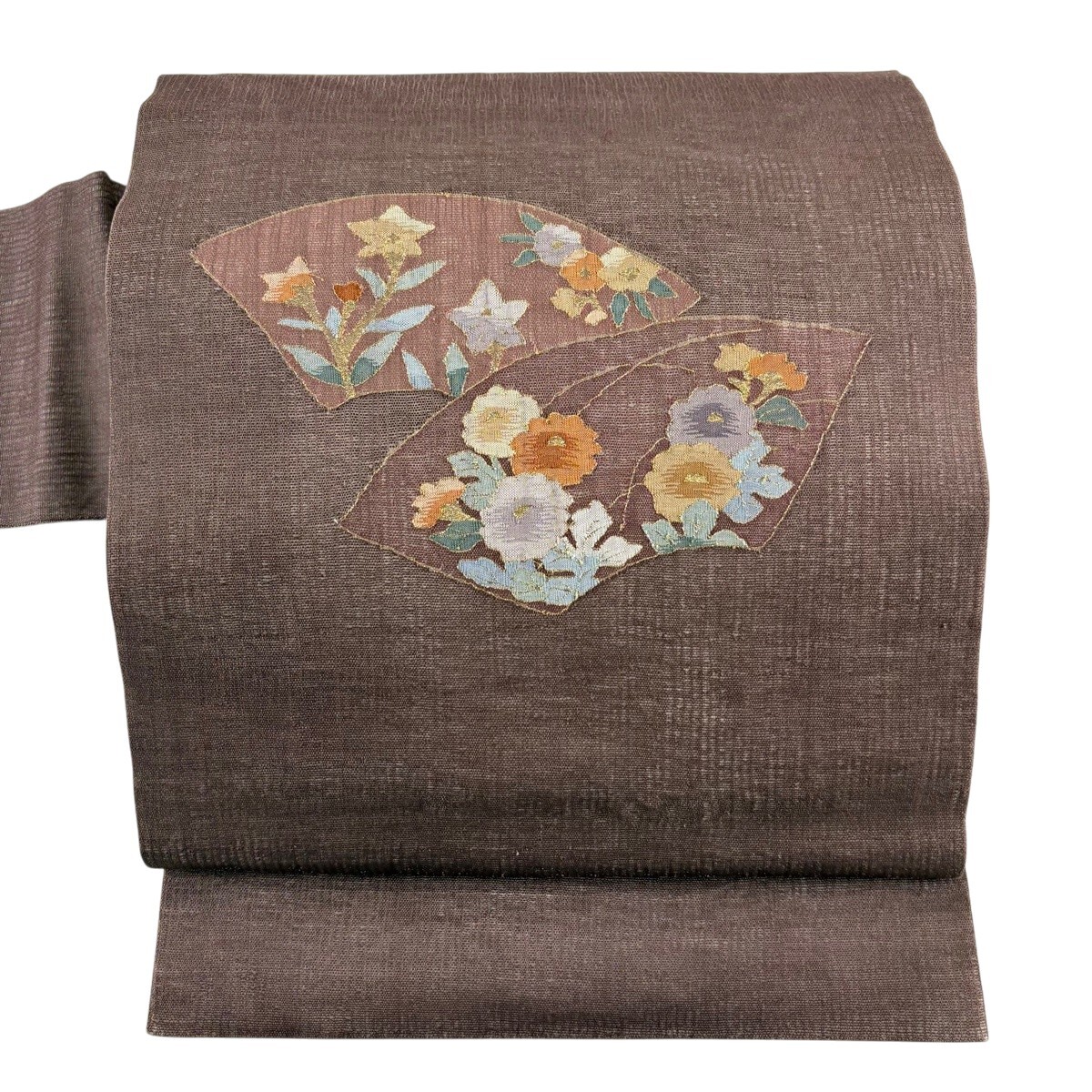 名古屋帯 秀品 夏帯 扇面 草花 金糸 小豆色 正絹 【中古】