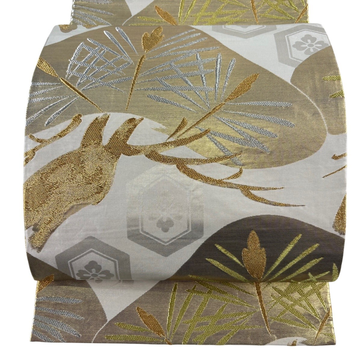 【美品】 袋帯 秀品 川島織物 落款 笠松 亀甲 金銀糸 箔 ベージュ 全通 正絹 【中古】