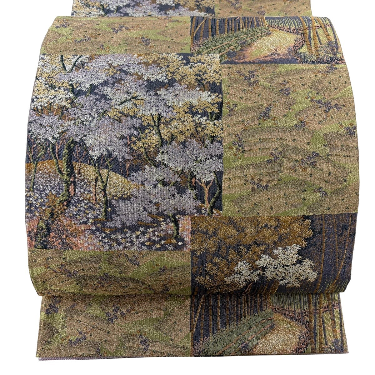 【美品】 袋帯 秀品 落款 蔓葉 樹木 竹林 灰紫 全通 正絹 【中古】
