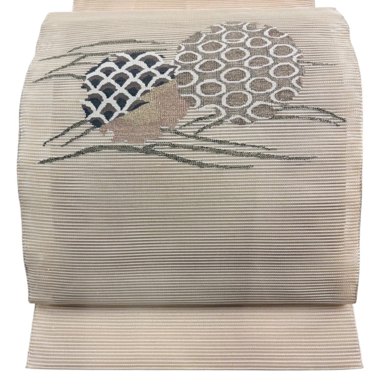 【美品】 名古屋帯 秀品 八寸名古屋帯 松葉仕立て 夏帯 絽 松笠 金糸 ベージュ 正絹 【中古】