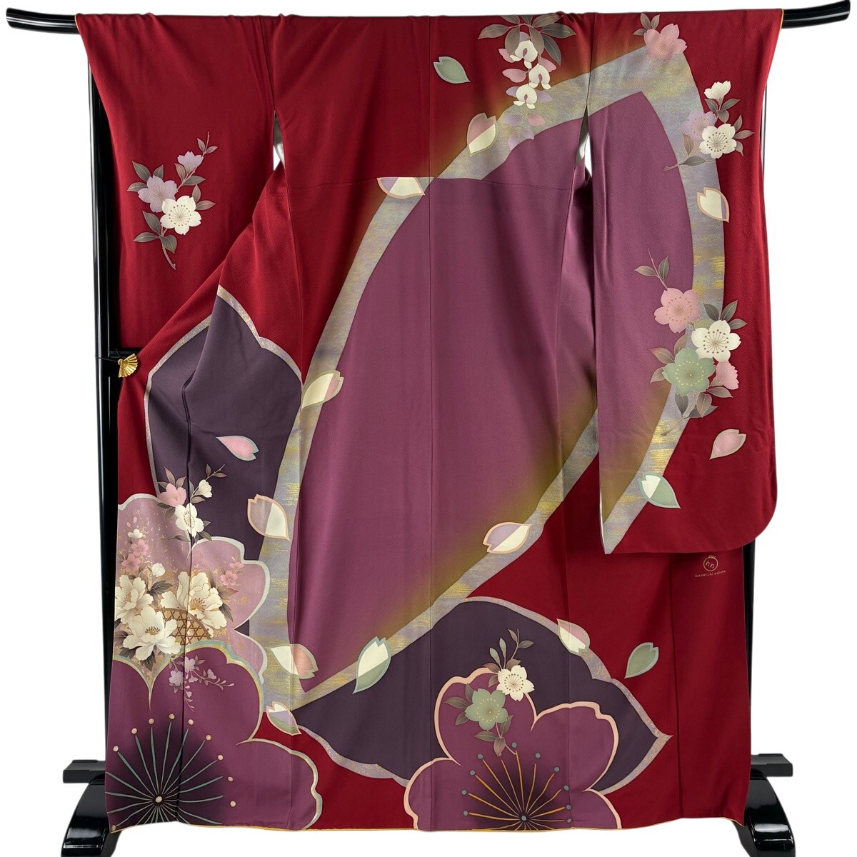 【美品】 振袖 身丈170cm 裄丈70.5cm L 袷 hiromichi nakano 落款 牡丹 桜 金彩 箔 赤 正絹 秀品 【中古】