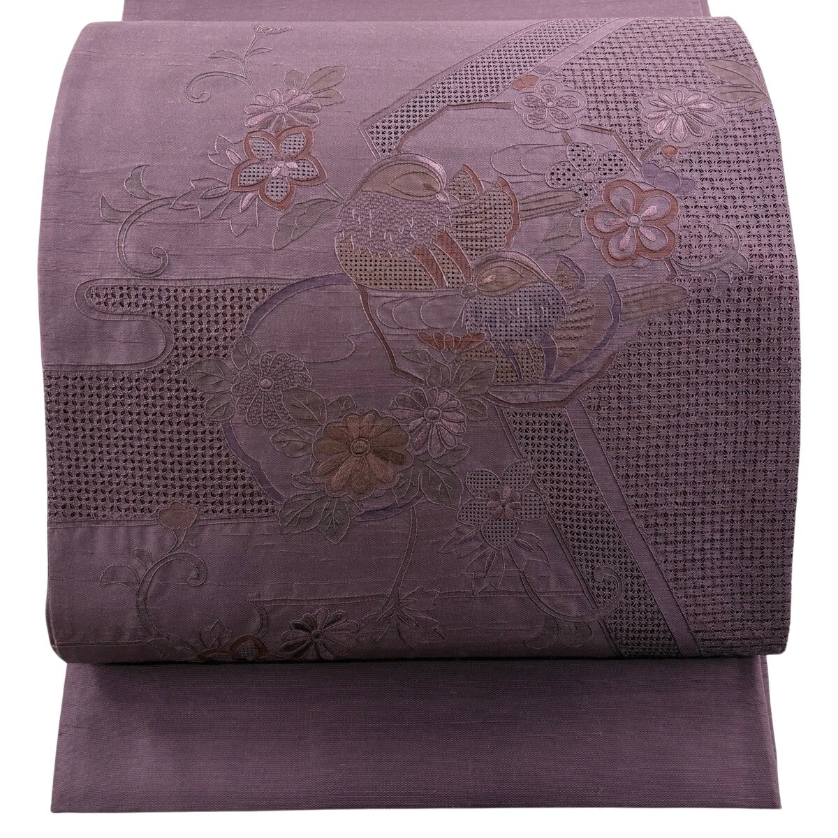 【美品】 袋帯 秀品 紬地 鴛鴦 菊 蘇州刺繍 紫 お太鼓柄 正絹 【中古】