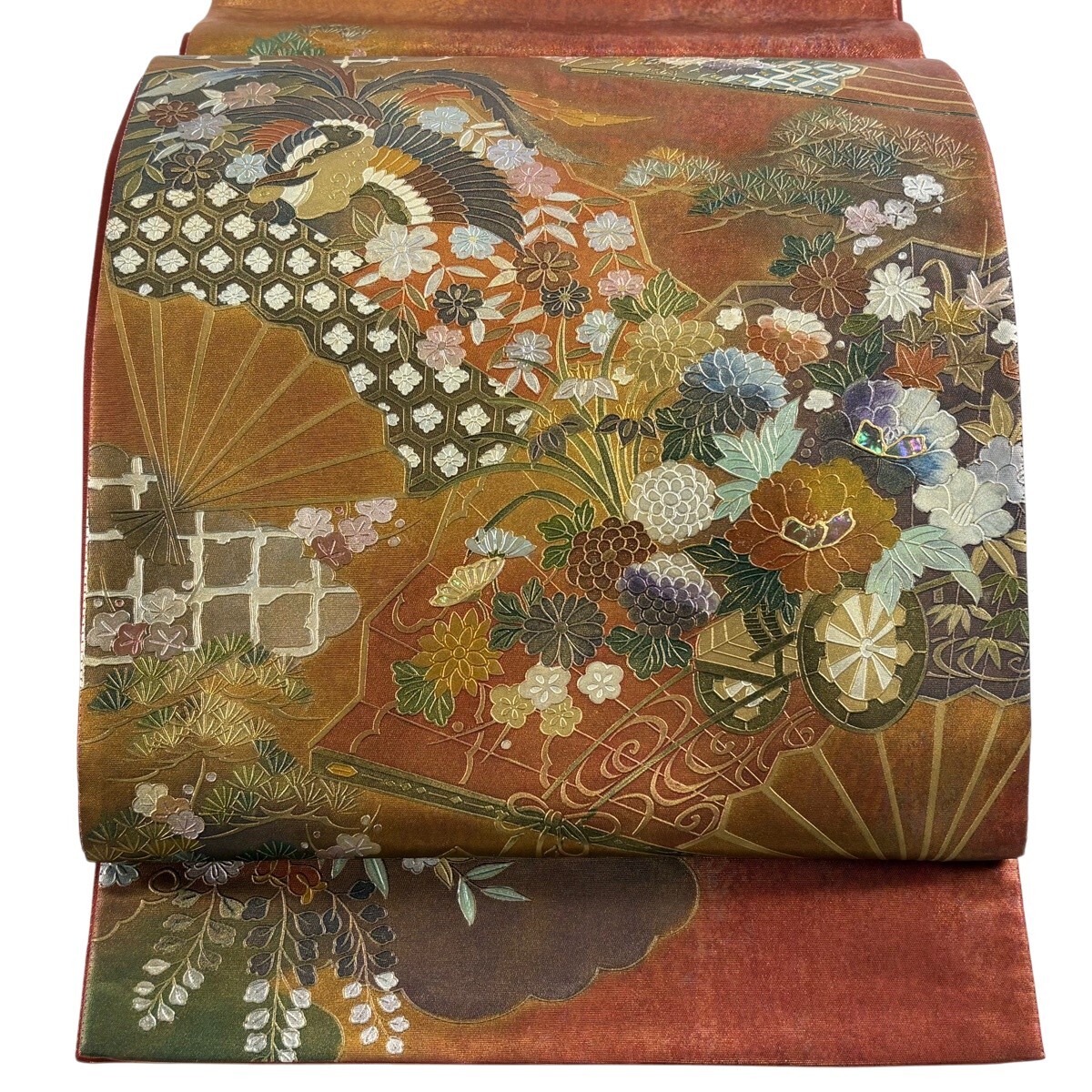 袋帯 秀品 花扇 花車 金銀彩 螺鈿 茶色 お太鼓柄 正絹 【中古】