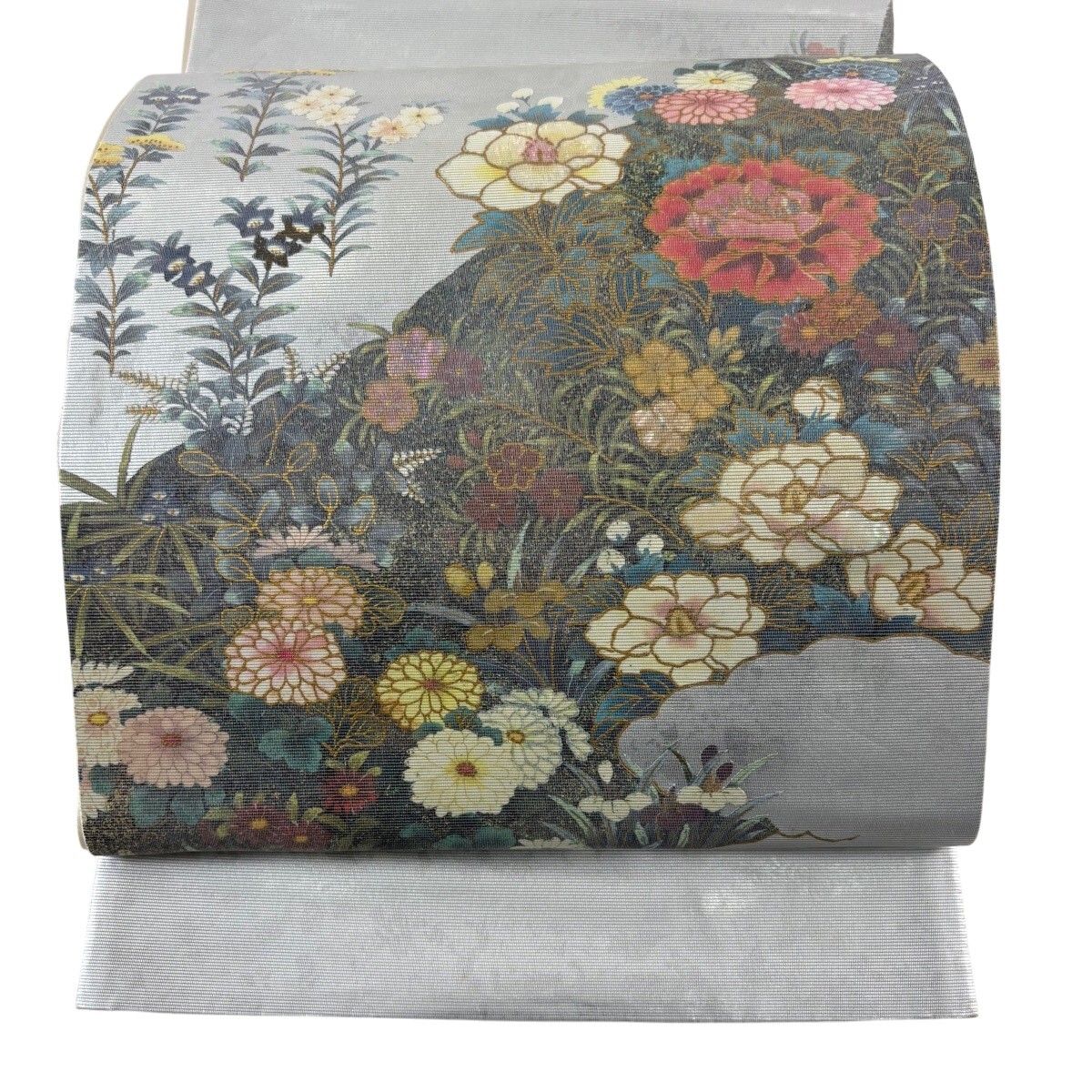 袋帯 秀品 草花 螺鈿箔 箔 銀色 お太鼓柄 正絹 【中古】