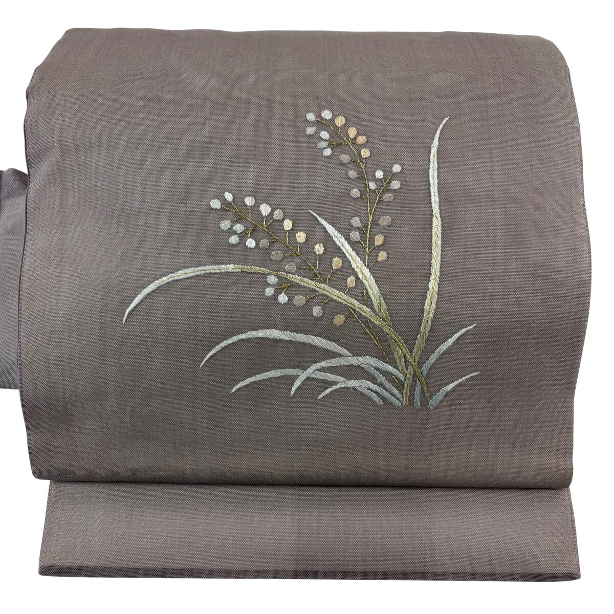 名古屋帯 秀品 夏帯 草花 刺繍 金糸 灰紫 正絹 【中古】