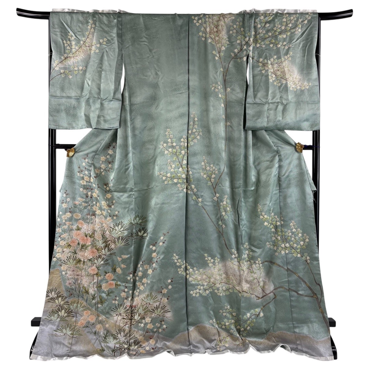 訪問着 身丈177cm 裄丈70cm 未仕立て 仮絵羽 松梅 菊 金彩 絞り 薄緑 正絹 名品 【中古】