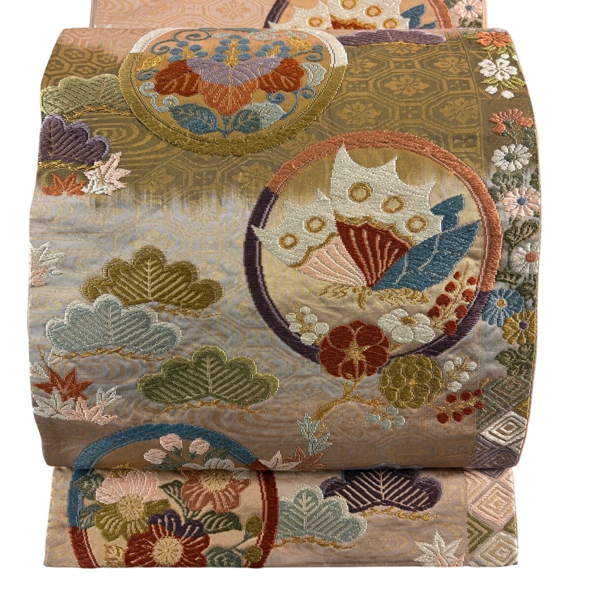 袋帯 秀品 鎌倉文 笠松 唐織 金糸 薄小豆 六通 正絹 【中古】