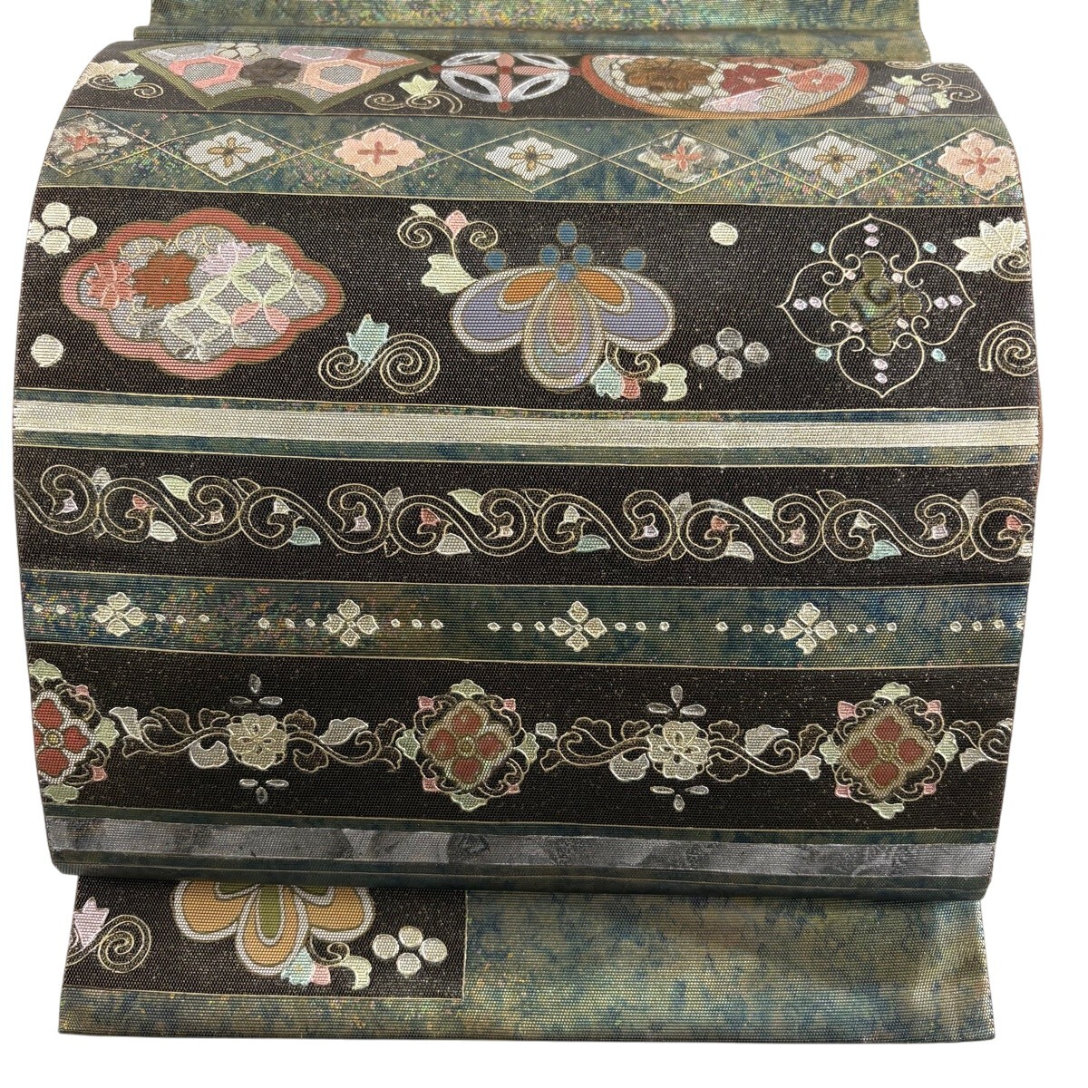 袋帯 秀品 落款 扇面 草花 金銀彩 螺鈿 灰緑 お太鼓柄 正絹 【中古】