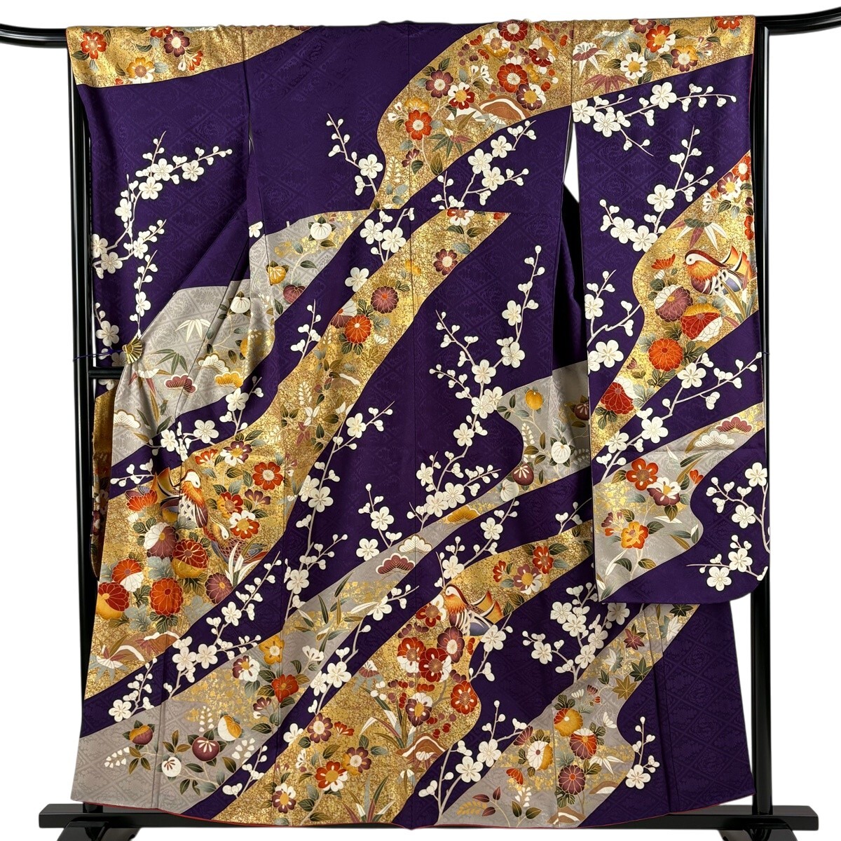 【美品】 振袖 身丈157.5cm 裄丈66.5cm M 袷 鴛鴦 草花 金糸 金銀彩 濃紫 正絹 秀品 【中古】