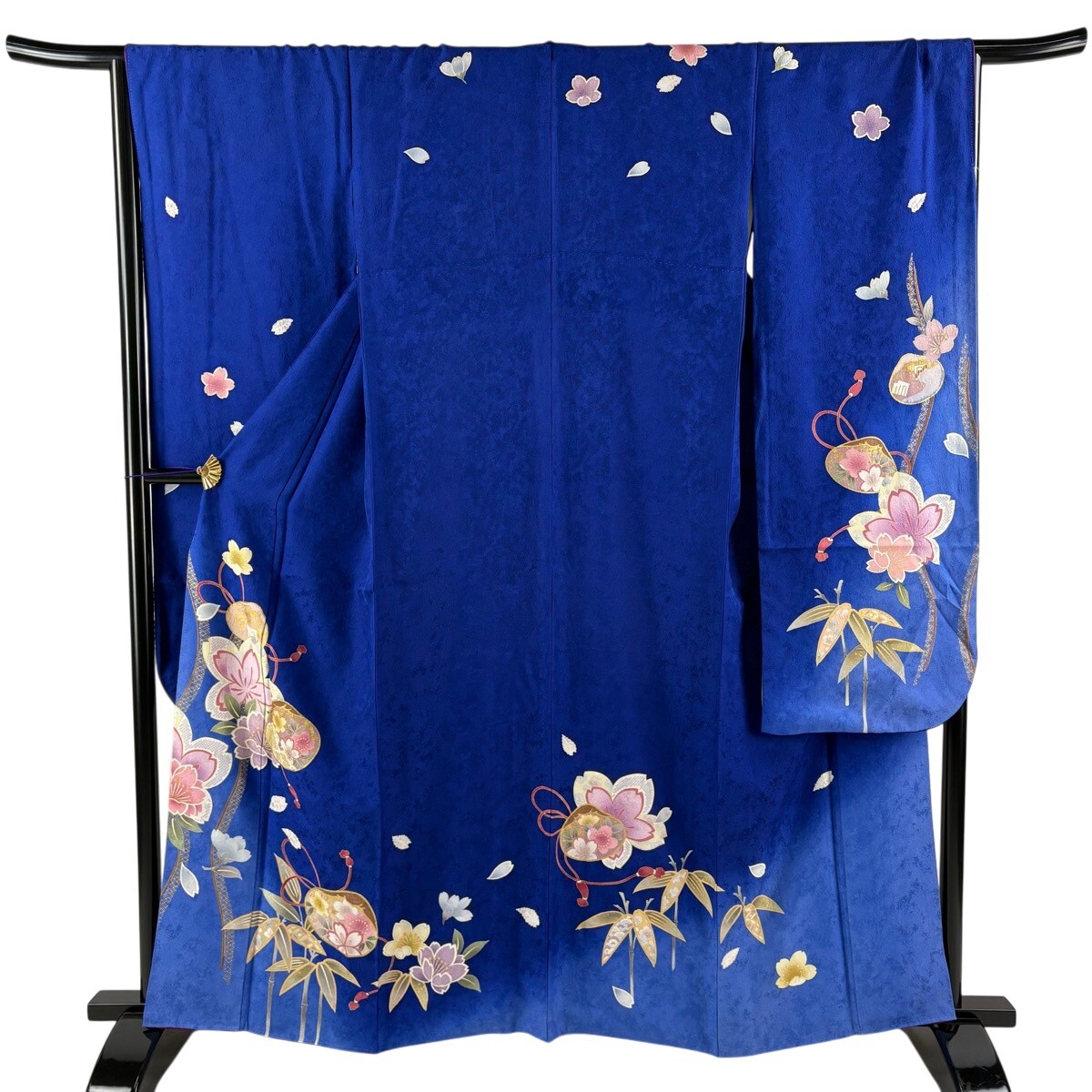 振袖 身丈161cm 裄丈68cm L 袷 貝合わせ 桜 箔 金彩 青 正絹 秀品 【中古】