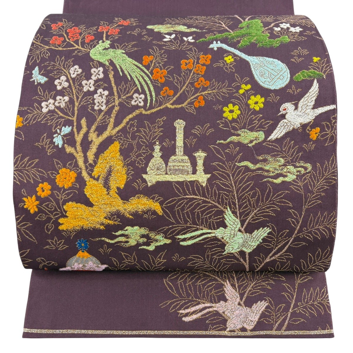 袋帯 逸品 龍村平蔵 落款 関西仕立て 鳥 枝花 箔 金銀糸 紫 お太鼓柄 正絹 【中古】