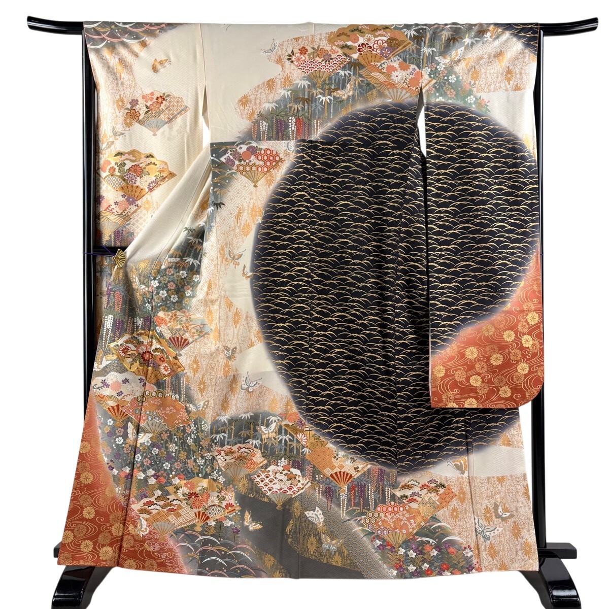 振袖 身丈163cm 裄丈64.5cm M 袷 扇 草花 金糸 金彩 クリーム 正絹 秀品 【中古】