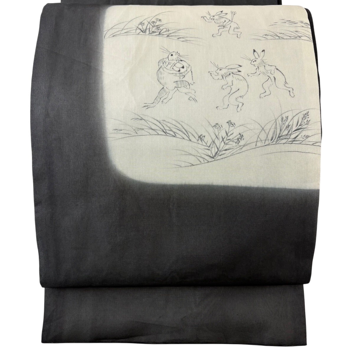 袋帯 逸品 夏帯 夏紬 鳥獣戯画 墨色 お太鼓柄 正絹 【中古】