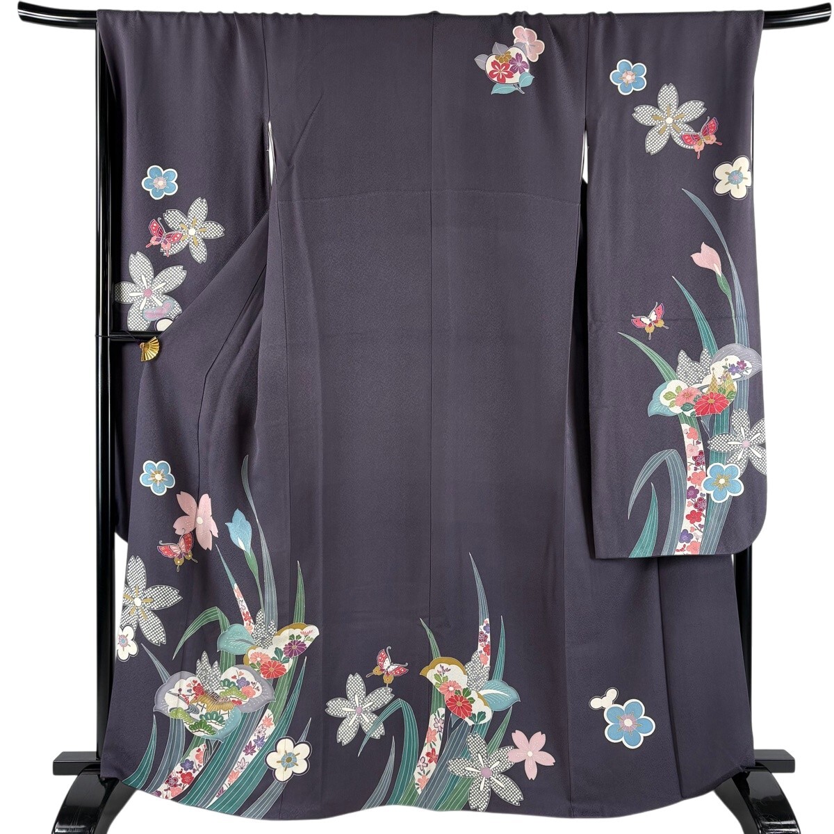振袖 身丈165cm 裄丈71cm L 袷 中村玉緒 落款 蝶 菖蒲 灰紫 正絹 秀品 【中古】