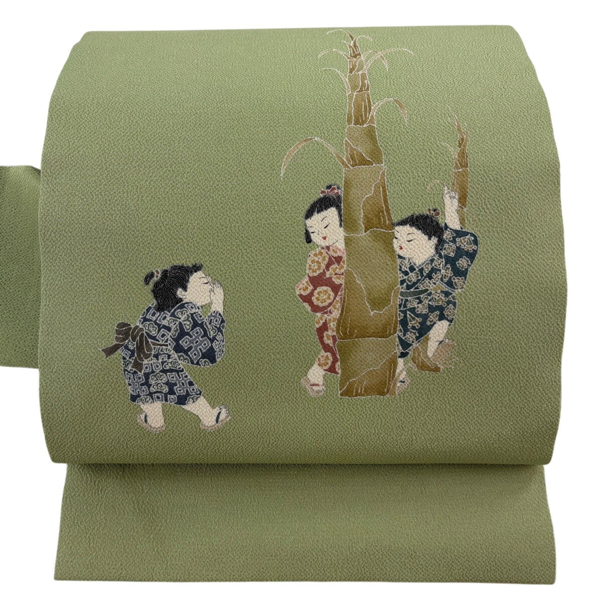 名古屋帯 名品 関口遼一 落款 童 筍 縮緬 薄緑 正絹 【中古】