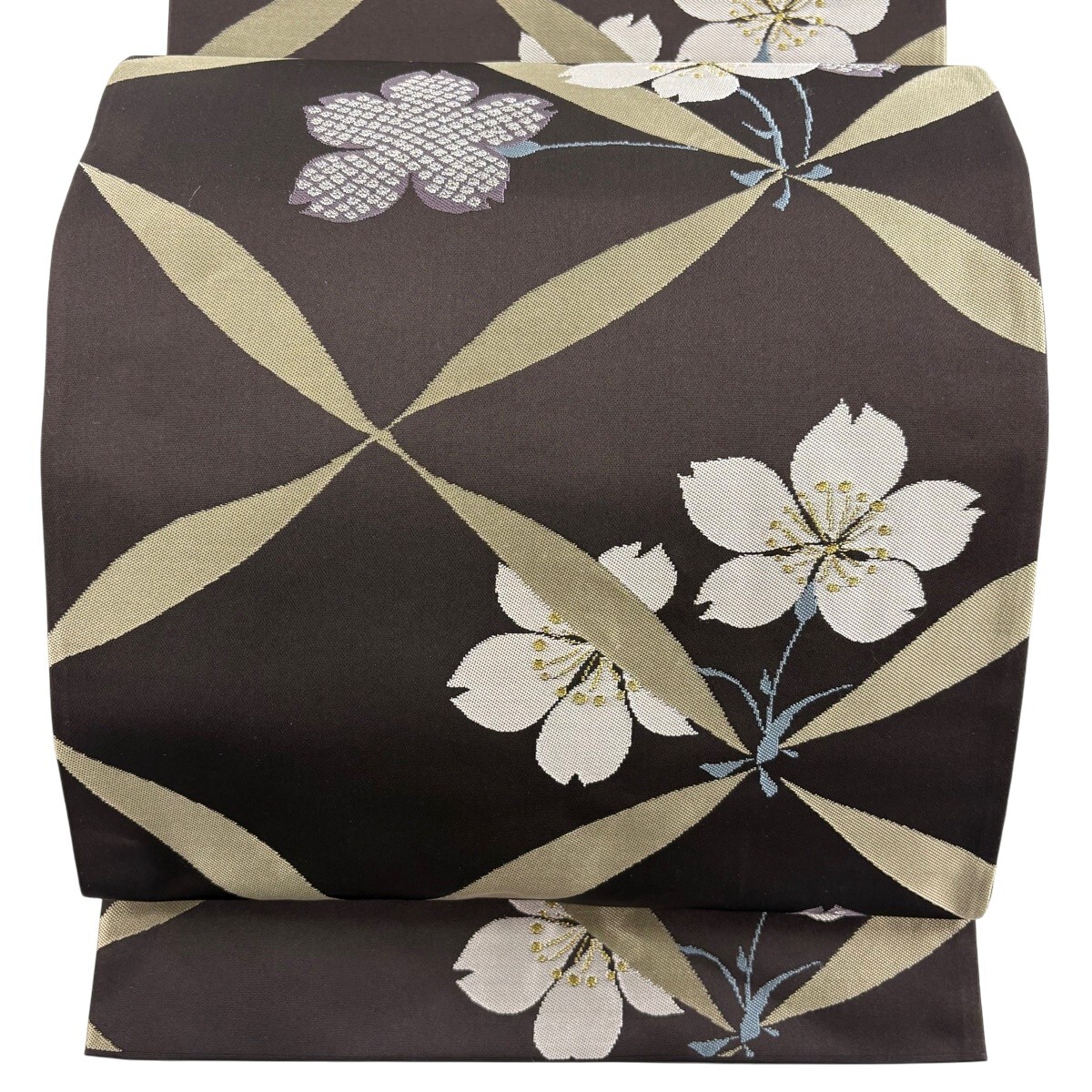 【美品】 袋帯 秀品 桜 七宝 金銀糸 焦茶色 六通 正絹 【中古】