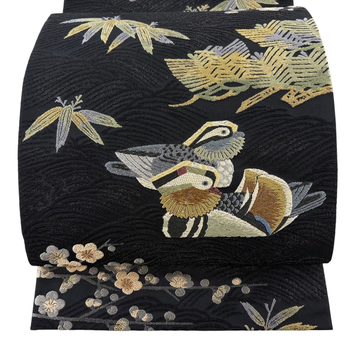 【美品】 袋帯 逸品 羽田登喜男監修 落款 別腹 松竹梅 鴛鴦 箔 唐織 黒 六通 正絹 【中古】