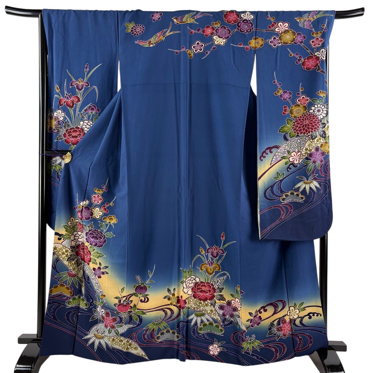振袖 身丈164.5cm 裄丈68cm L 袷 松竹梅 牡丹 ぼかし 藍色 正絹 秀品 【中古】