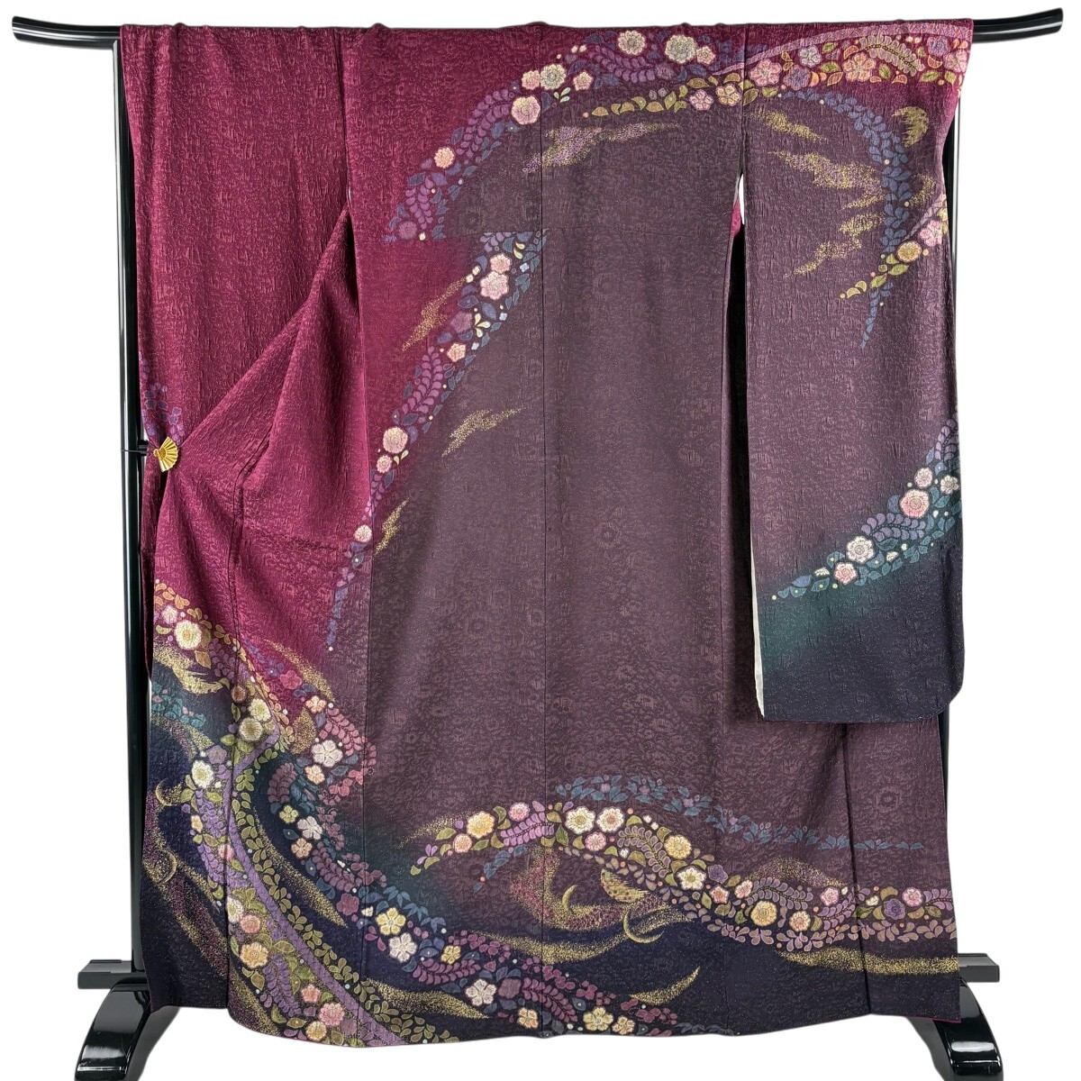 【美品】 振袖 身丈168cm 裄丈68cm L 袷 辻が花柄 金通し 金彩 赤紫 正絹 名品 【中古】