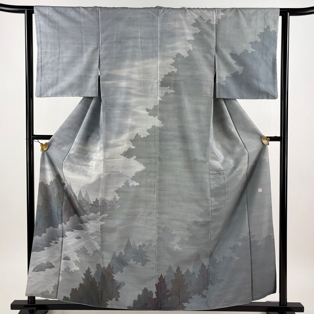 【在庫一掃】 【美品】 訪問着 身丈158cm 裄丈62cm S 袷 牛首紬地 やまと 落款 風景 樹木 ぼかし 灰色 正絹 逸品 【中古】