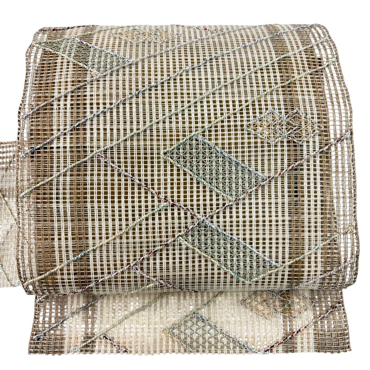 【美品】 名古屋帯 秀品 夏帯 羅 菱 斜縞 金銀糸 ベージュ 正絹 【中古】