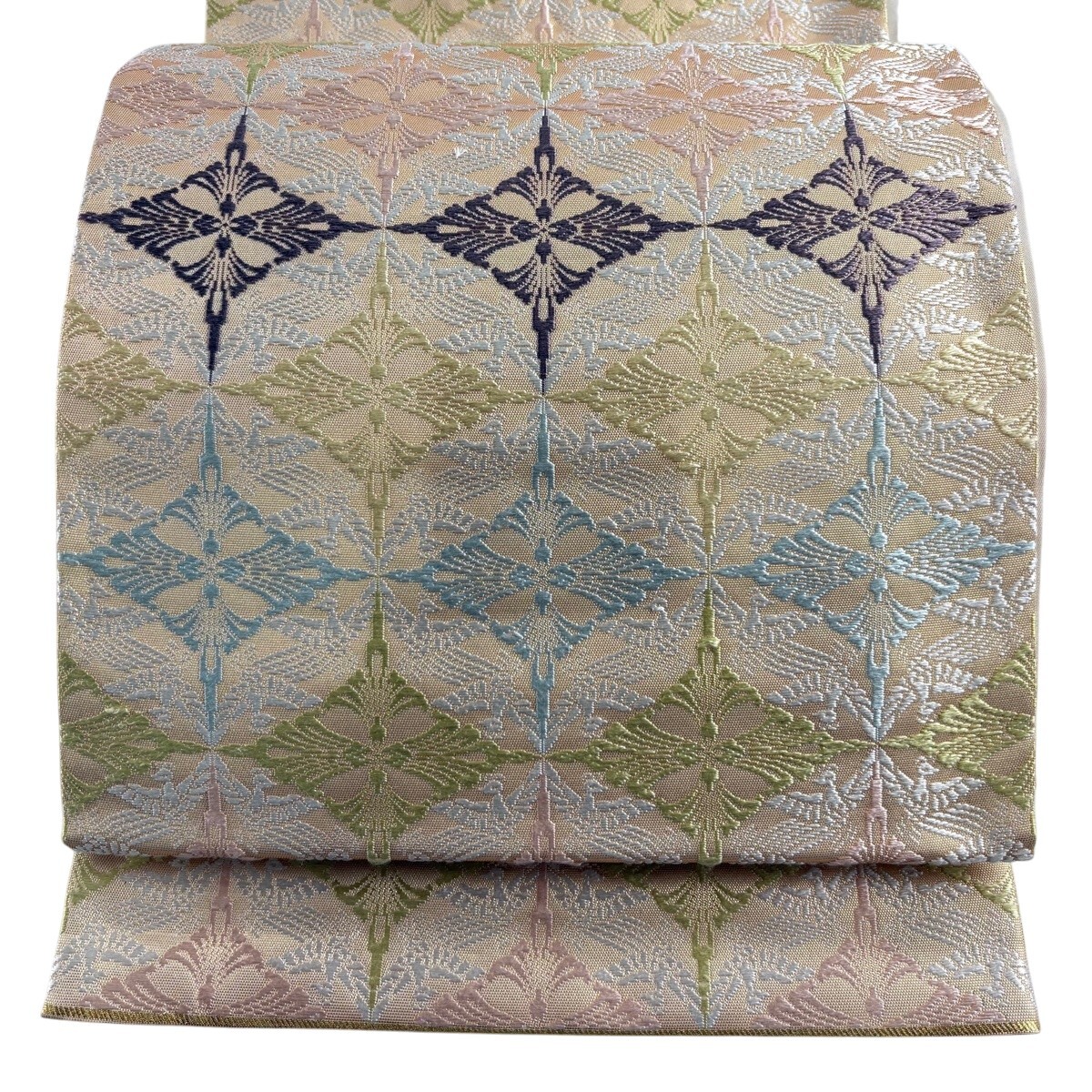 袋帯 逸品 河合美術織物 落款 京西陣織 花菱 鳥 箔 刺繍 金色 六通 正絹 【中古】