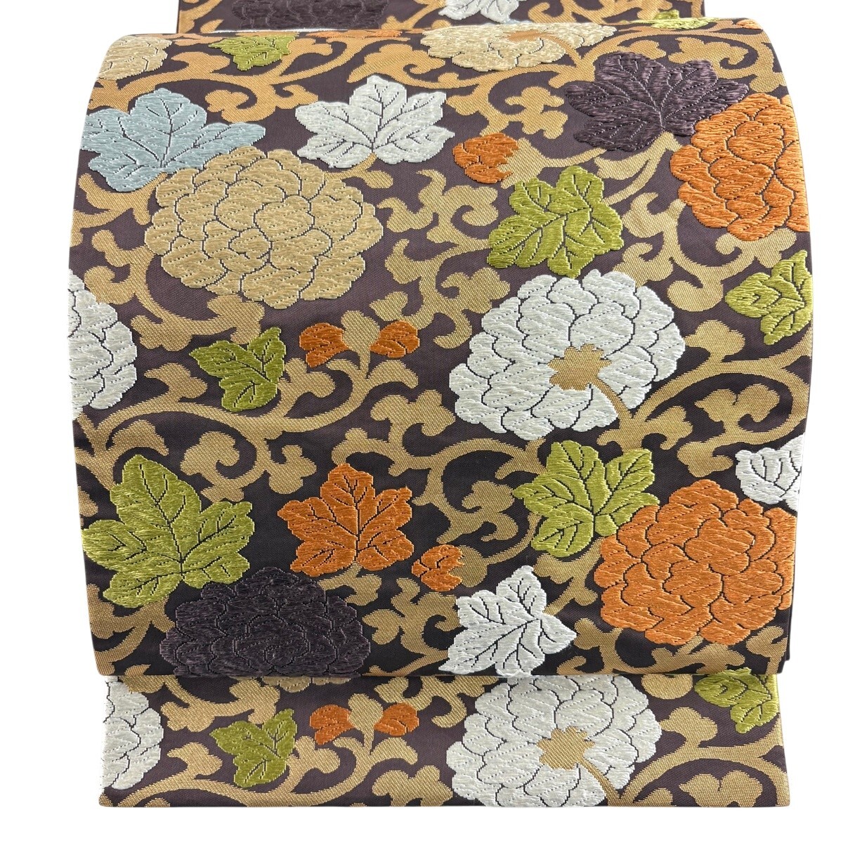 【美品】 袋帯 逸品 河合美術織物 落款 能衣錦 花唐草 箔 唐織 茶紫 六通 正絹 【中古】