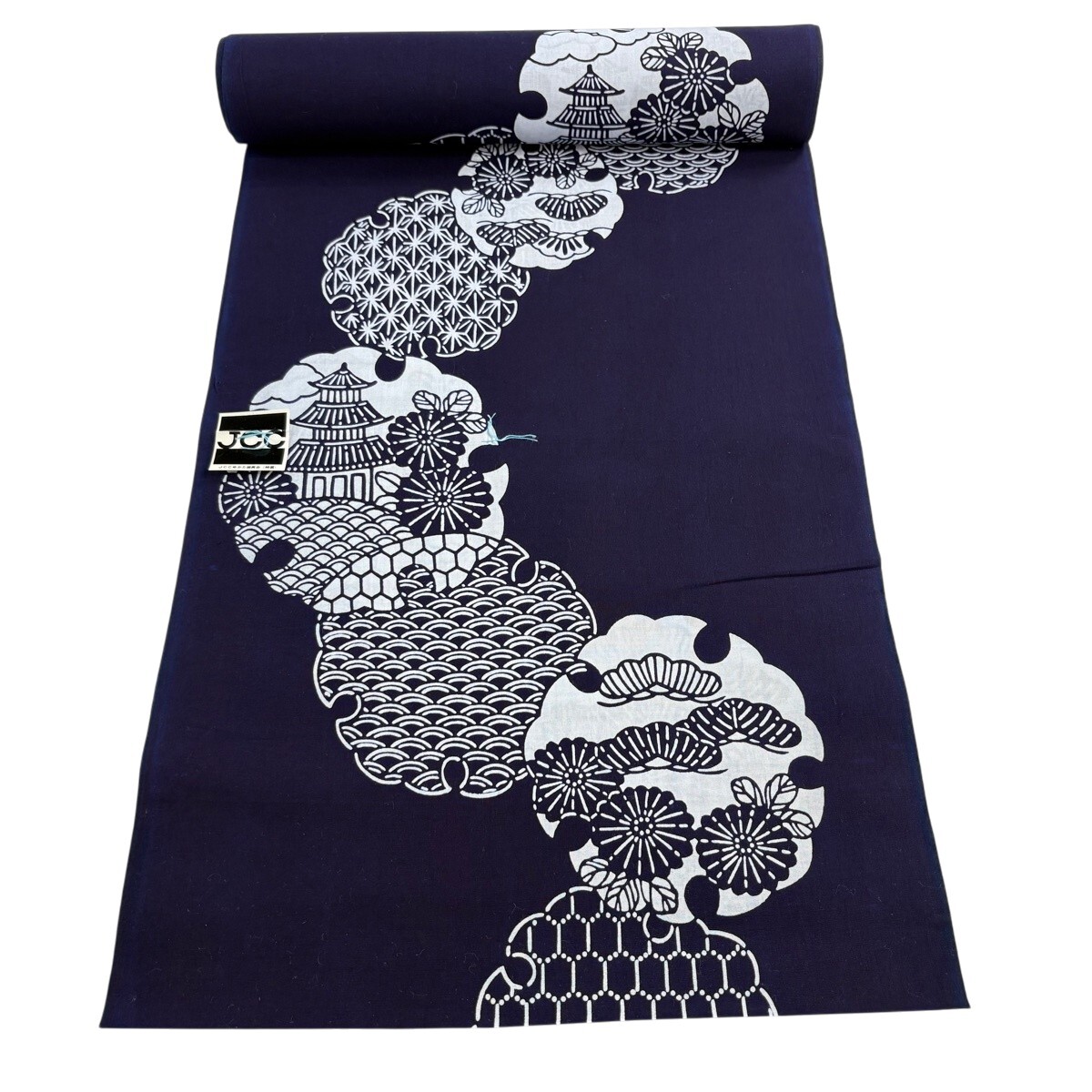 反物 優品 浴衣 雪輪 菊 紺色 綿 【中古】