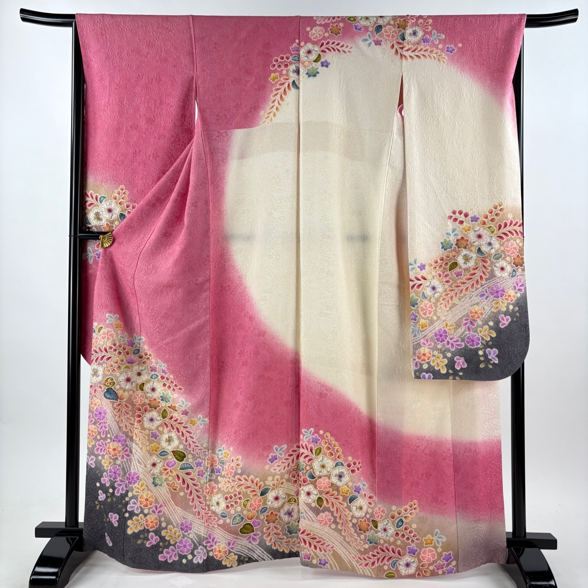 【在庫一掃】 振袖 身丈165.5cm 裄丈66.5cm M 袷 辻が花 波 金通し 金彩 ピンク 正絹 逸品 【中古】