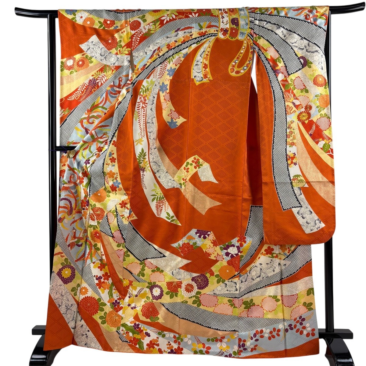 振袖 身丈167cm 裄丈64cm M 袷 鳳凰 菊 金彩 金糸 オレンジ 正絹 秀品 【中古】