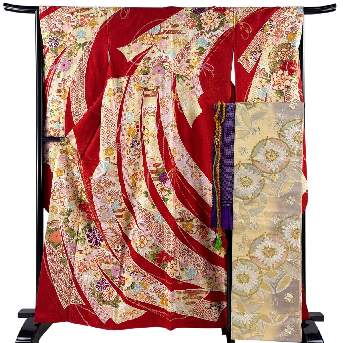 【美品】 振袖 身丈163cm 裄丈66cm M 袷 袋帯フルセット 熨斗 松竹梅 金糸 金彩 朱色 正絹 名品 【中古】