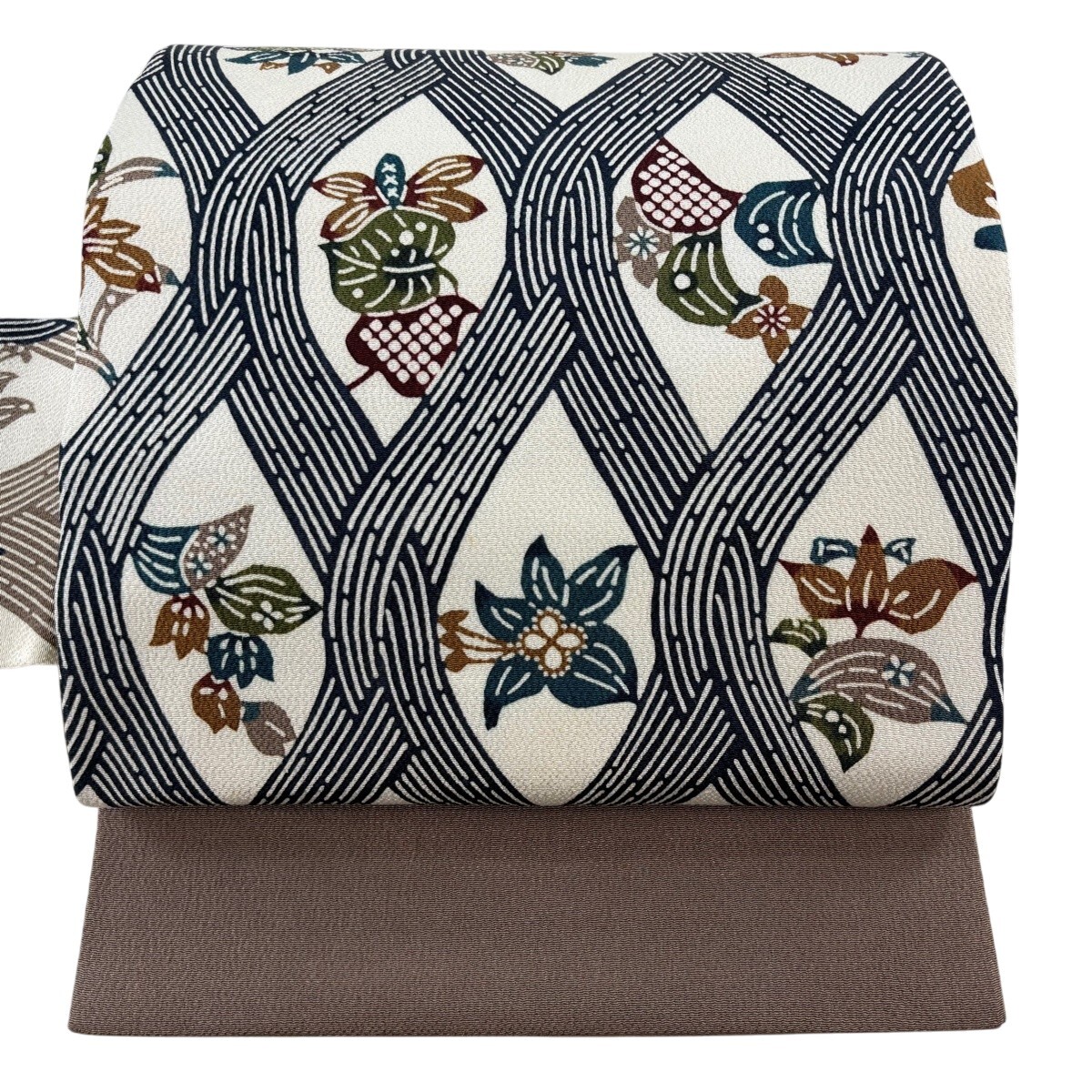【美品】 名古屋帯 逸品 栗山吉三郎 落款 草花 縮緬 白 正絹 【中古】