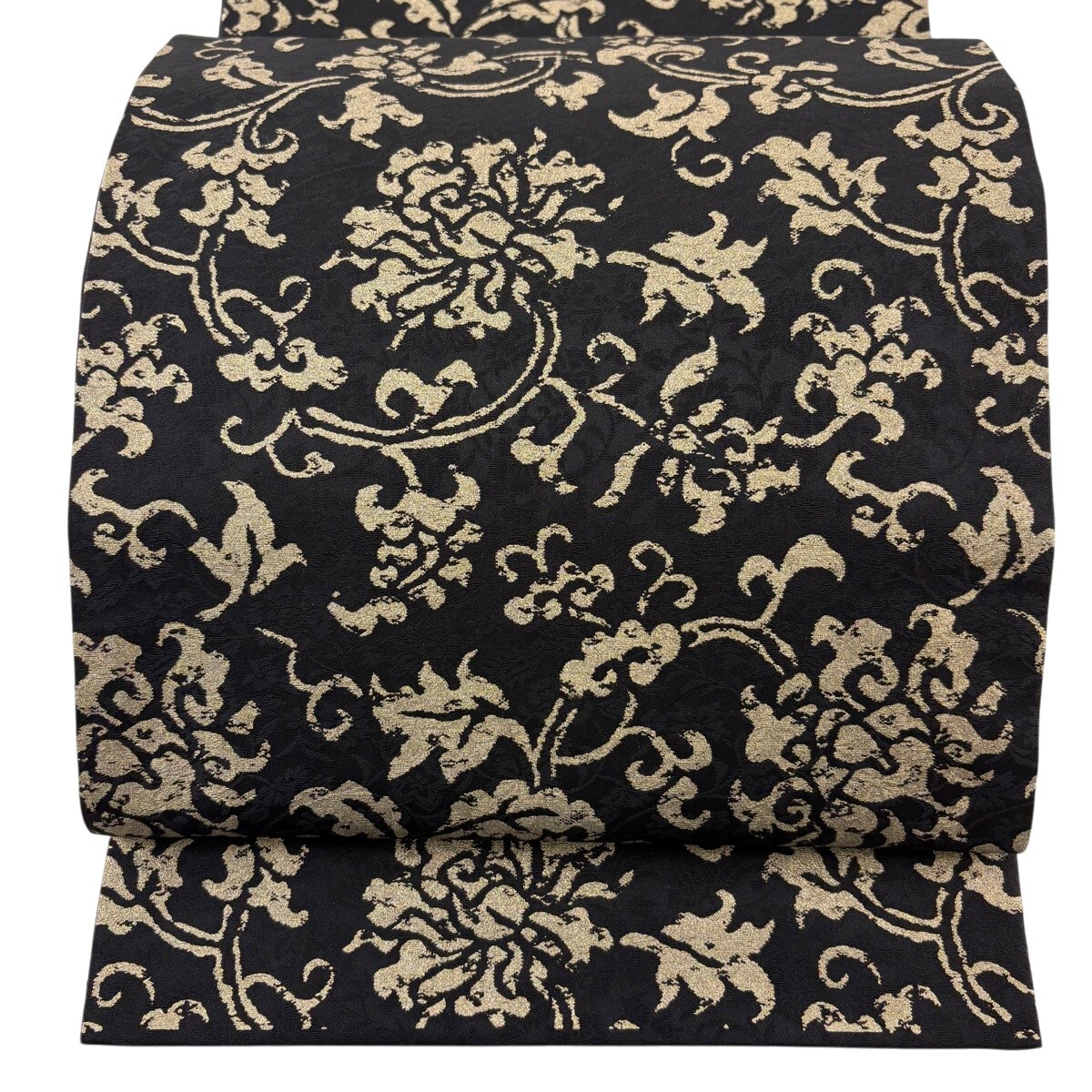 【美品】 袋帯 名品 花唐草 金糸 黒 全通 正絹 【中古】