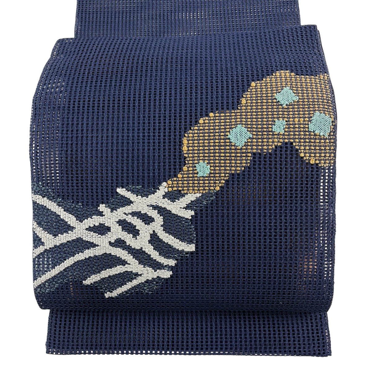 【美品】 名古屋帯 秀品 夏帯 羅織 トンネル仕立て 八寸名古屋帯 幾何学 紺色 正絹 【中古】