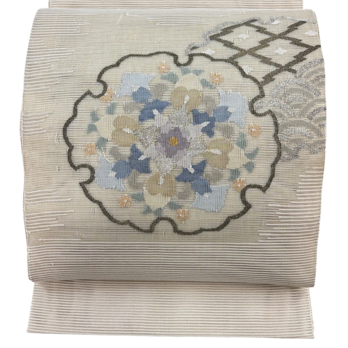 袋帯 秀品 夏帯 絽 雪輪 華文 金銀糸 ベージュ お太鼓柄 正絹 【中古】