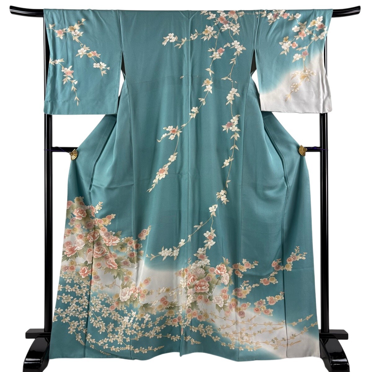 訪問着 身丈168cm 裄丈68cm L 袷 草花 萩 金彩 ぼかし 青緑 正絹 秀品 【中古】