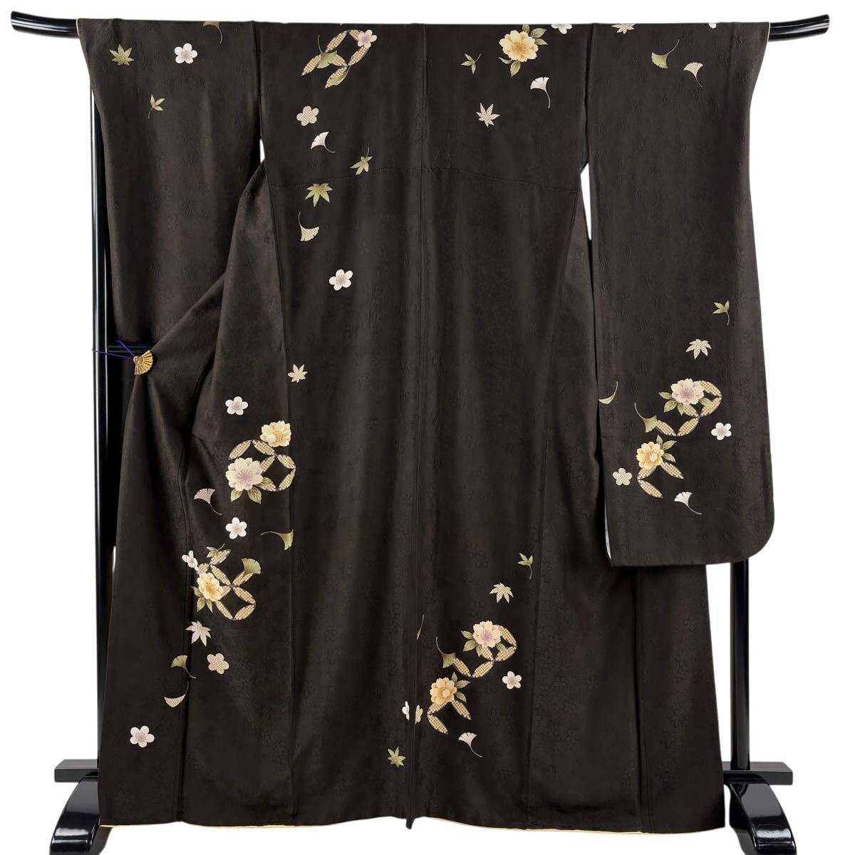 【美品】 振袖 身丈165cm 裄丈69cm L 袷 鈴乃屋 桜 七宝 焦茶色 正絹 秀品 【中古】