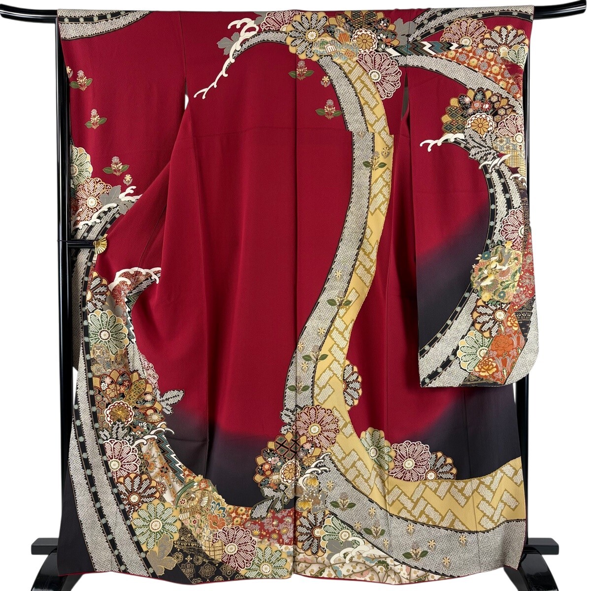 振袖 身丈164cm 裄丈67cm M 袷 菊 熨斗 金糸 金彩 赤 正絹 秀品 【中古】